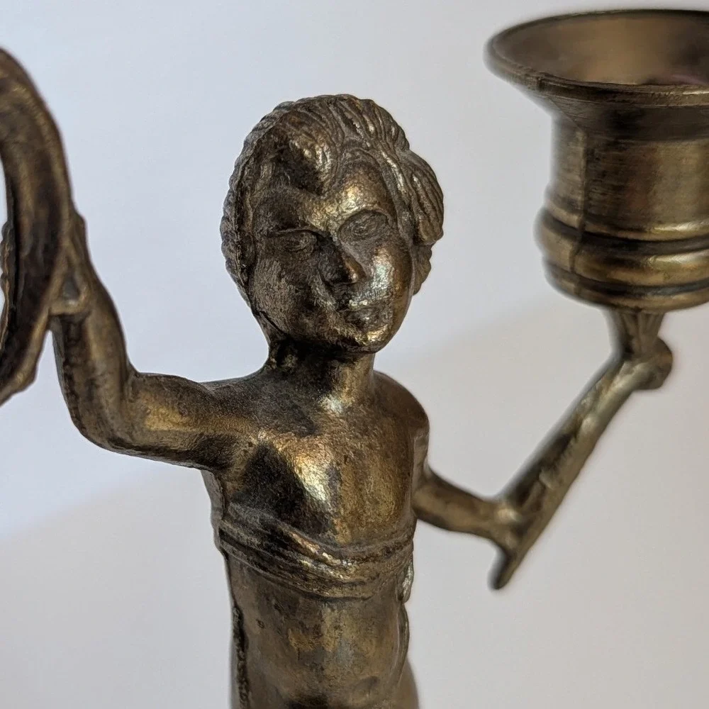 Solid Brass Cherub Candelabra Double Taper Candle Holder Putti Figure VTG